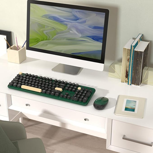 Colorful Wireless Computer Keyboards Mouse Combos, Cute Retro Typewriter Keyboard with Round Keycaps, 2.4 GHz 104 Keys Full-Sized USB/Type C Receiver Keyboard and Optical Mouse(Dark Green)
