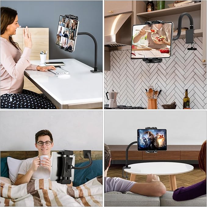 Tablet Stand Holder, Gooseneck iPad Desk Mount for Kitchen, Work Meetings, Video, Tablet Clamp Mount Compatible with iPad mini/Air/Pro, Kindle Fire HD, Galaxy Tabs and All 4.7-13.5" Tablets