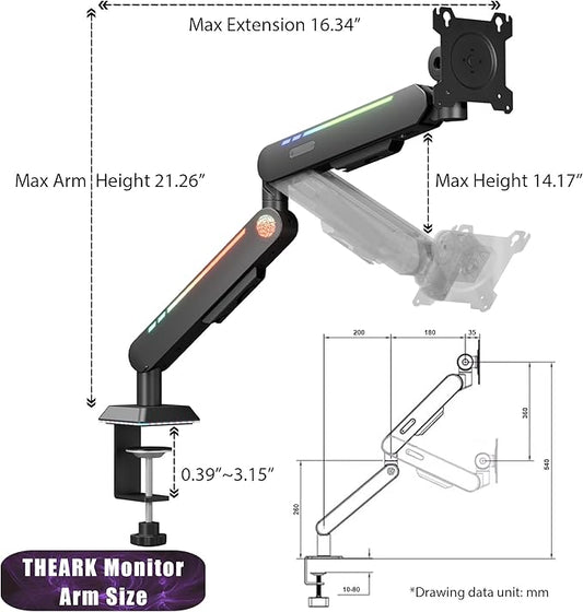 THEARK Single Monitor Mount, Built-in RGB Lights, Adjustable Monitor Arm with USB & Grommet Base, Computer Monitor Stand with LED, for 17″–32″ Screens up to 22 lbs, VESA 75x75 or 100x100mm, Black