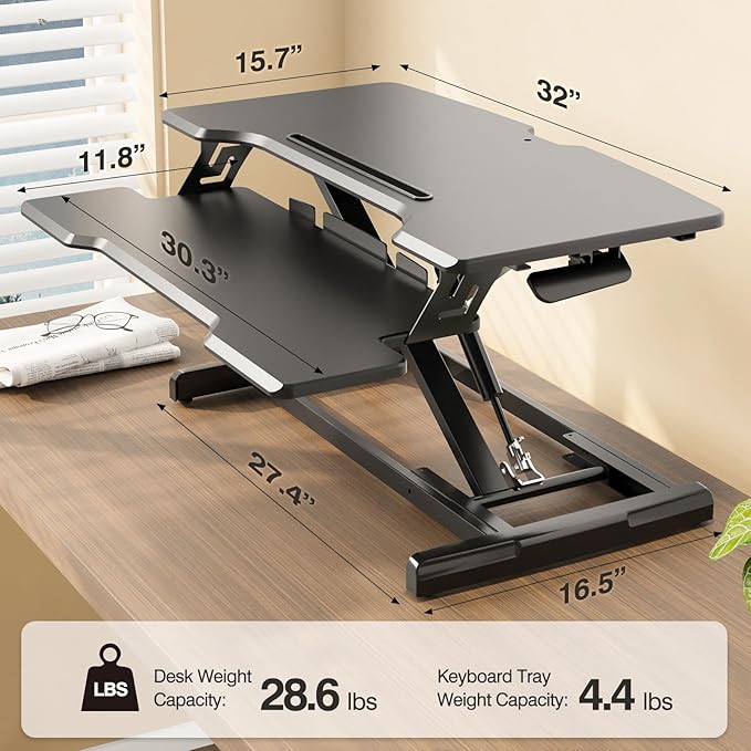 Standing Desk Converter 32 inch, Height Adjustable Sit Stand Desk Riser, Quick Sit to Stand Tabletop Dual Monitor Riser Workstation for Home Office with Keyboard Tray, Black