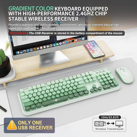 FOPETT Wireless Keyboard and Mouse Combo - 2.4G Full-Sized Cute Colorful Mouse and Keyboard with 104 Round Keys Retro Typewriter Keyboard for Laptop/Windows/PC - Green Gradient