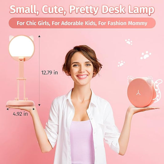 One Fire Cute Desk Lamp Pink Dorm Lamps for College Girls Foldable Portable Rechargeable Dimmable Cute Cat Lamp Kawaii Room Decor,College Dorm Decor for Girls Pink Classroom Essentials