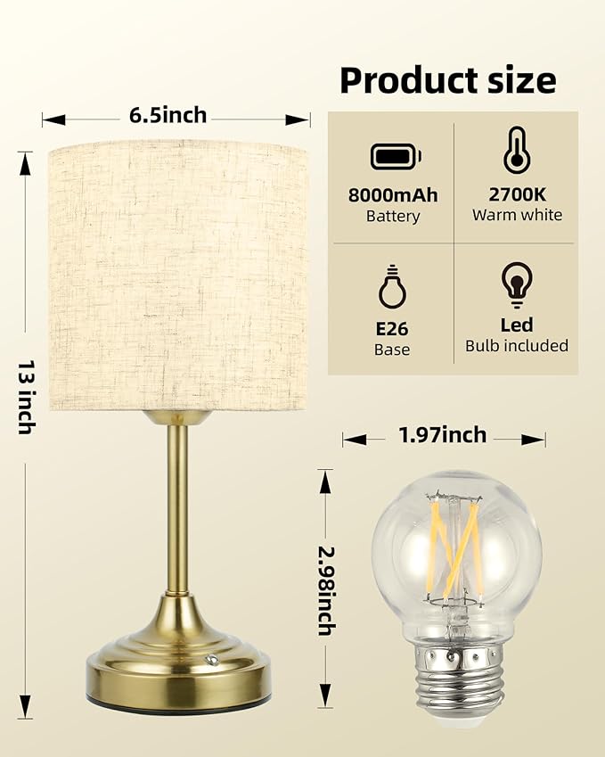 Battery Operated Lamp, 8000mAh, Dimmable, 2700K, Touch Control, Portable, Small, LED, Wireless, Rechargeable, Cordless, Desk Lamp, Kitchen Lamp, Fabric Shade, for Dining Room, Bedroom, Living Room