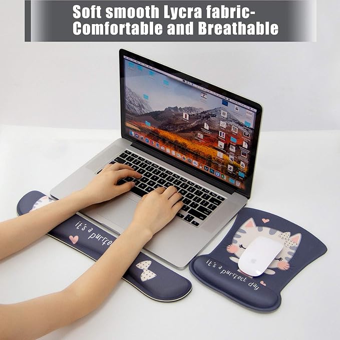 RICHEN Keyboard Wrist Rest Pad and Mouse Wrist Rest Support Mouse Pad Set,Sturdy & Comfortable & Lightweight for Easy Typing & Pain Relief-Ergonomic Support (Cute Cat)
