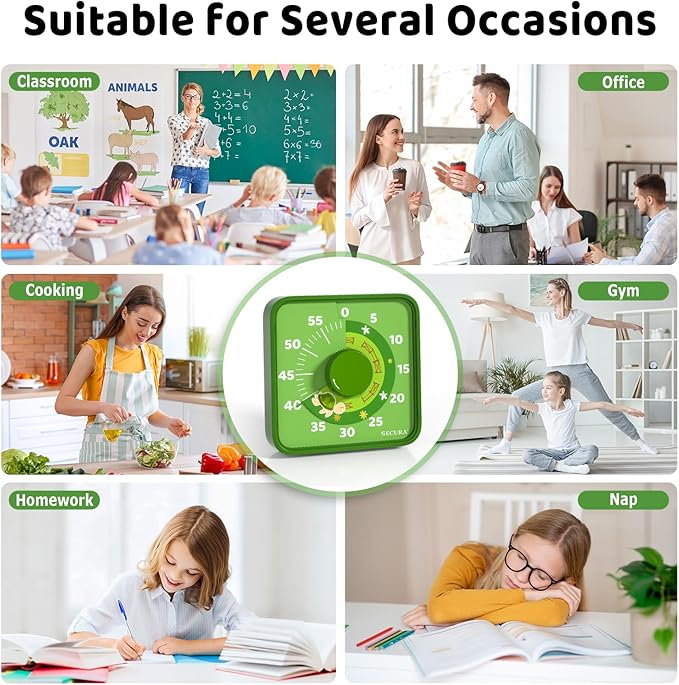 Secura 7.5-Inch Animal Pattern Visual Timer for Kids, 60-Minute Countdown Timer for Classroom or Kitchen, Durable Mechanical Timer Clock with Magnetic Backing (Green)