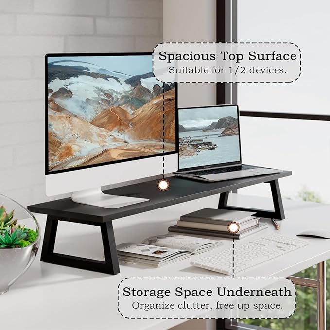 TEAMIX 31.5 inch Dual Monitor Riser, Long Black Monitor Stand Riser Wide TV Stand Riser Monitor Stand for 2 Monitors Wood & Steel Desktop Riser Desk Organization Home Office