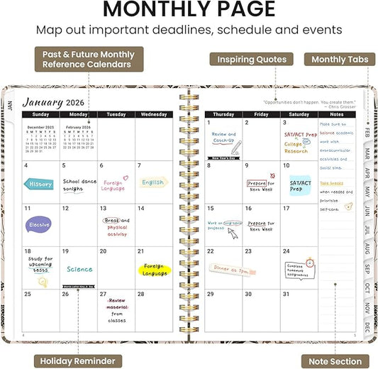 2026 Planner, Monthly and Weekly Calendar Planner for Women, January 2026 - December 2026, Hardcover Pretty 2026 Agenda Planner Book with Tabs, Spiral Bound, Perfect for School Office Home Supplies, 6.3" x 8.5" - Magical Forest