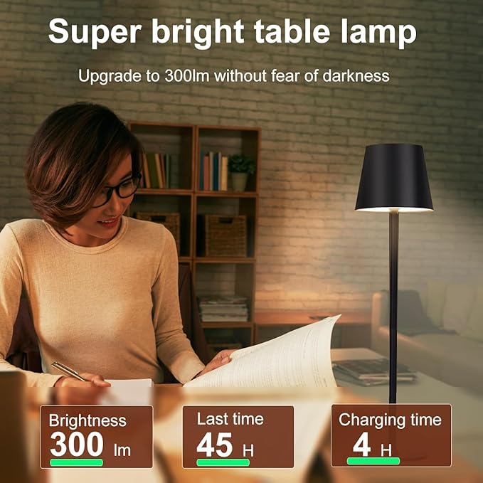 2-Pack Cordless Metal Table Lamp, 3 Adjustable Heights, 5400mAh Rechargeable Battery, 3 Colors Touch Dimming, Waterproof Portable Wireless Desk Lamp for Restaurant, Bedroom, Outdoor Patio