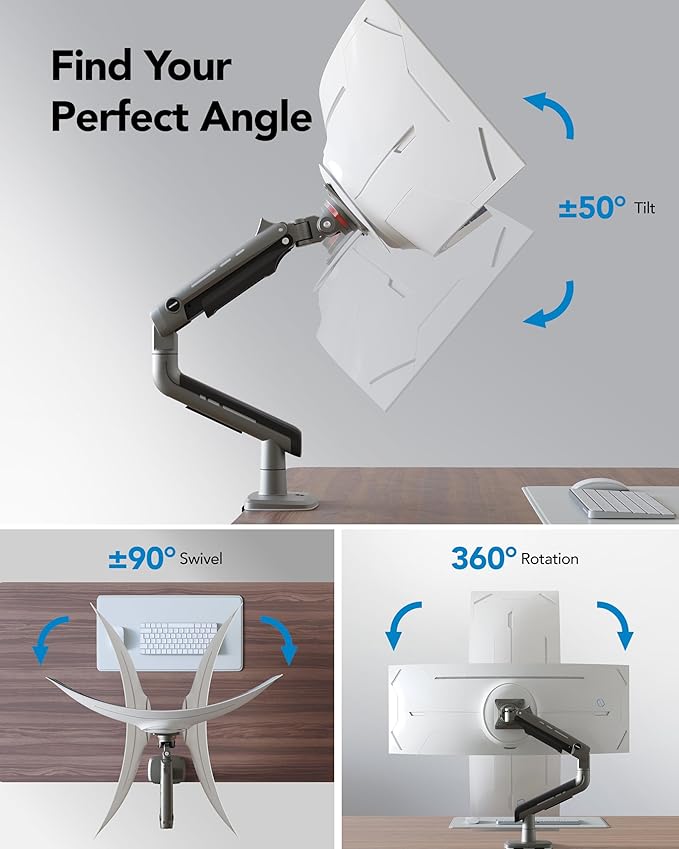 HUANUO Heavy Duty Monitor Arm for Ultrawide Screens up to 49", Holds 40 lbs,Aluminum Ultrawide Screen Desk Mount,Fully Adjustable Single Monitor Mount with C-clamp, Grommet Base, Max VESA 100x100