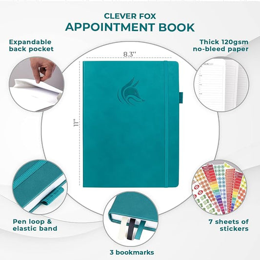 Clever Fox Appointment Book – Hourly Schedule Planner with 15-Minute Increments – Time Box Planner for Daily Work & To-Dos – Weekly & Monthly Spreads, Undated, Hardcover, 8.3x11″ (Dark Teal)