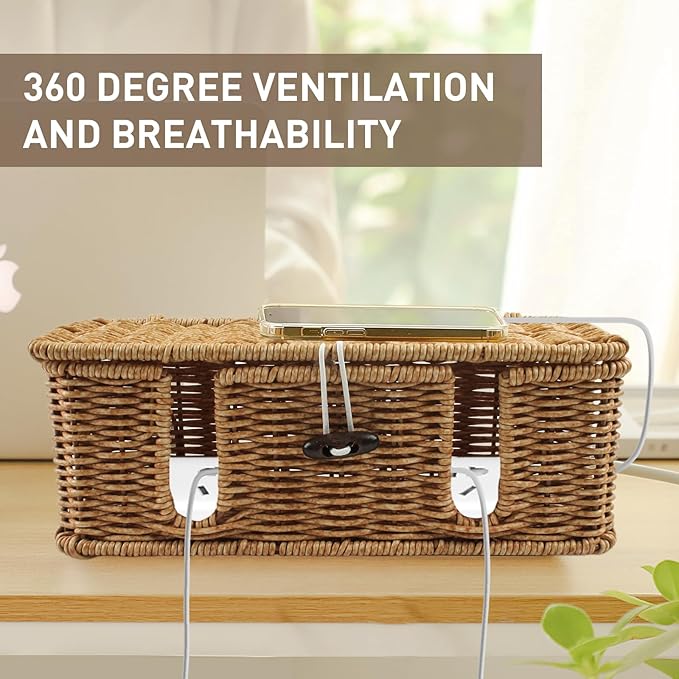 2 Pack Rattan Cable Management Box, Large Cord Organizer Box with Lid Under Desk Router Hider Storage Box with 4 Exits, Wire Box Hider for TV Wires Computer Surge Protector USB Hub Power Strip