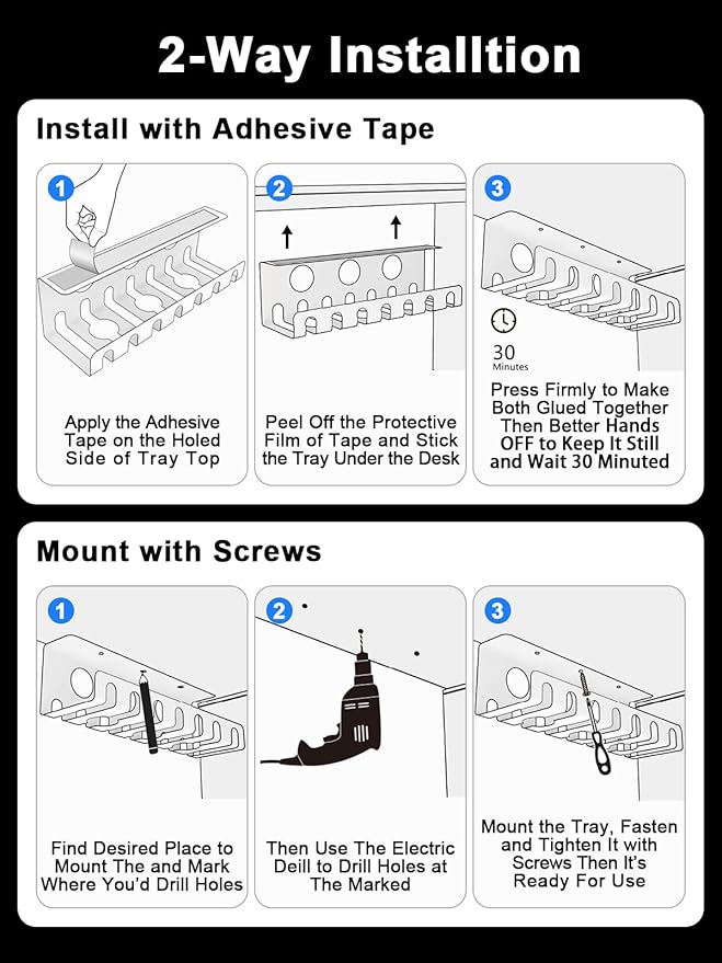 Delamu 2 Pack Metal Under Desk Cable Management Tray, U-Channel Cord Organizer Box, Office Under Desk Cord Organizers, Cable Management with Various Accessories, Black, 15.75 Inches