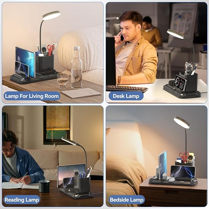 KDD Desk Lamp with USB A&C Charger Ports - Reading Desktop Light with Pen & Phone Holder - Adjustable Brightness Lights with Device Slots - 360°Gooseneck Table Lamp for Home Office College Dorm Room
