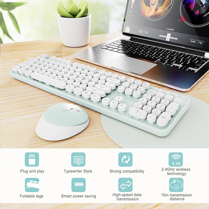 Wireless Keyboard and Mouse Combo, Ergonomic Full Size Typewriter Retro Round Keycaps Keyboard, Compatible with Windows, PC, Perfer for Home and Office Keyboards(Green)