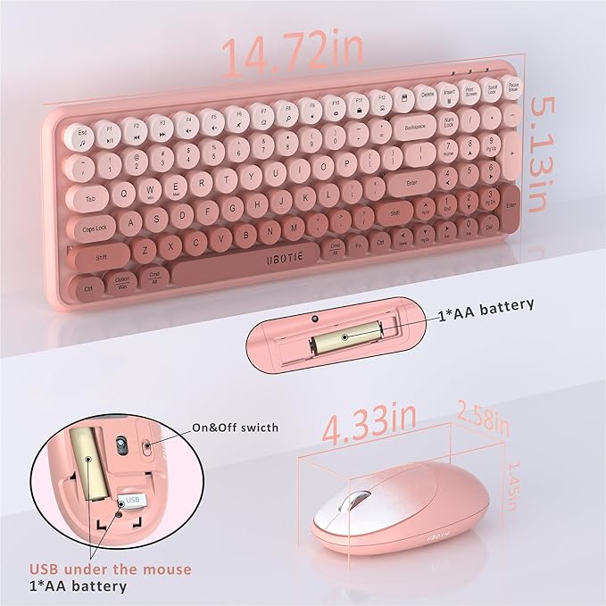 Wireless Keyboards and Mouse Combos, UBOTIE Colorful Gradient Rainbow Colored Retro Typewriter Flexible Keyboard, 2.4GHz Connection and Optical Mouse(Peach Gradient)