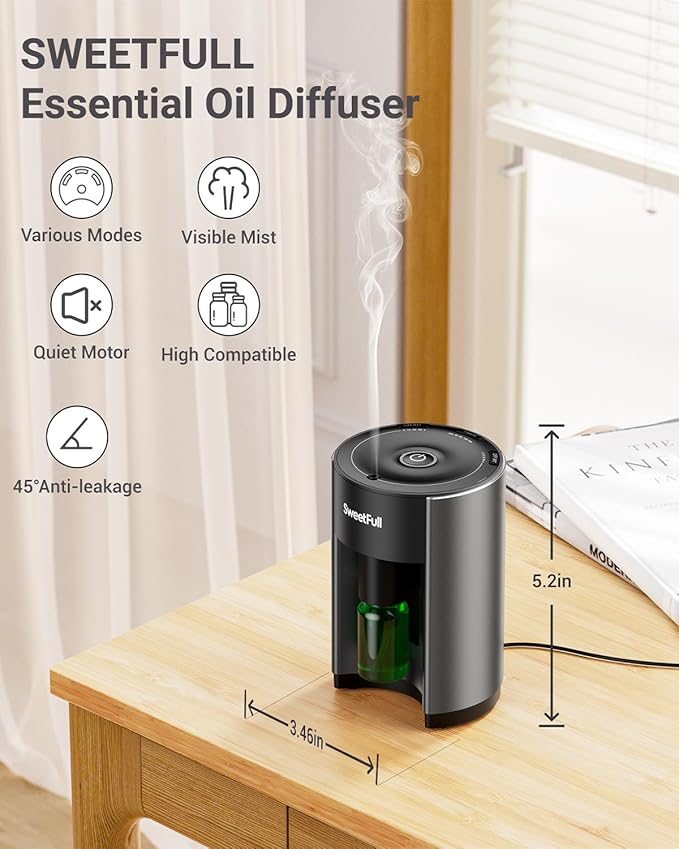 SWEETFULL Waterless Essential Oil Diffuser - USB Aromatherapy Diffuser with 30/60/120 Min Adjustable Timer and 16 Mist Modes, Scent Diffuser for Home Room Office Hotel