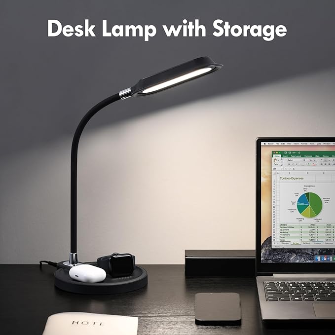 WILIT LED Desk Lamp, 800LM Bright Dimmable Table Lamp with 3 Color Modes, Bedside Lamp with Storage Base, Study Lamp with Adjustable Gooseneck, Reading Lamps for Home Office Dorm (Black)