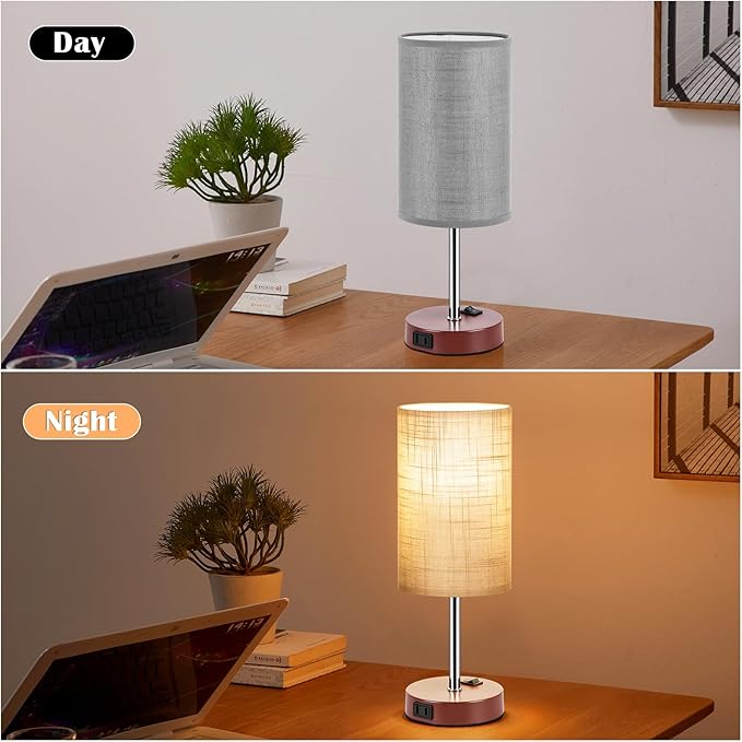 ZJOJO Table Lamp for Bedroom Set of 2, Bedside Small Lamps with 3 Way Dimmable Rocker Switch and AC Outlet, Nightstand Desk Lamp with Gray Fabric Shade Brown Base for Living Room Home Decor Lights