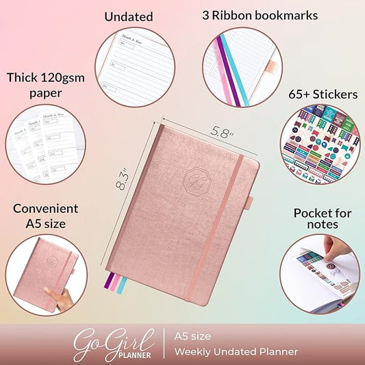 GoGirl Planner and Organizer for Women – A5 Size Weekly Planner, Goals Journal & Agenda to Improve Time Management, Productivity & Live Happier. Undated – Start Anytime, Lasts 1 Year – Rose Gold