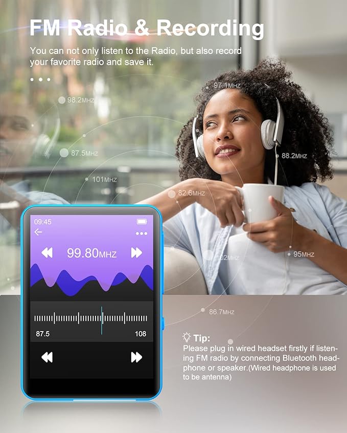 64GB 2.4" Full Touch Screen MP3 Player with Bluetooth 5.3, Portable HiFi Sound Quality Music Player with Speaker, FM Radio, Line-in Voice Recorder, E-Book, Headphones Included, Max 128GB Expandable