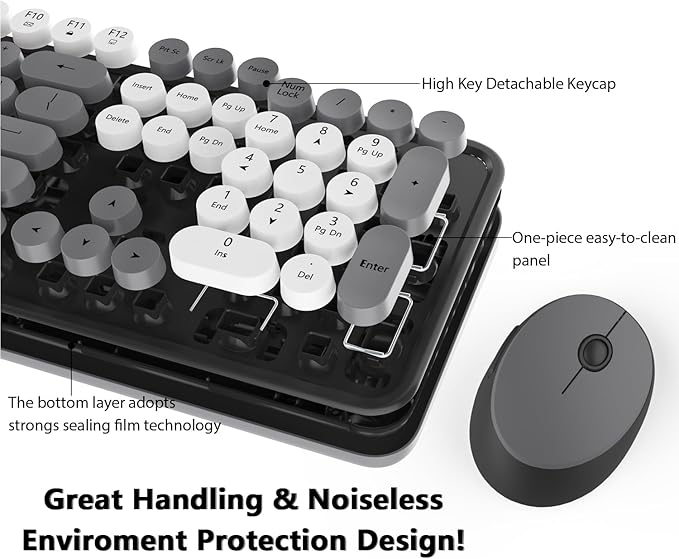 Wireless Keyboard Mouse Combo, Colorful Mouse and Keyboard Combo, 104 Keys Cute Wireless Keyboard with Number Pad for Windows, Computer, PC, Notebook, Laptop (Grey)