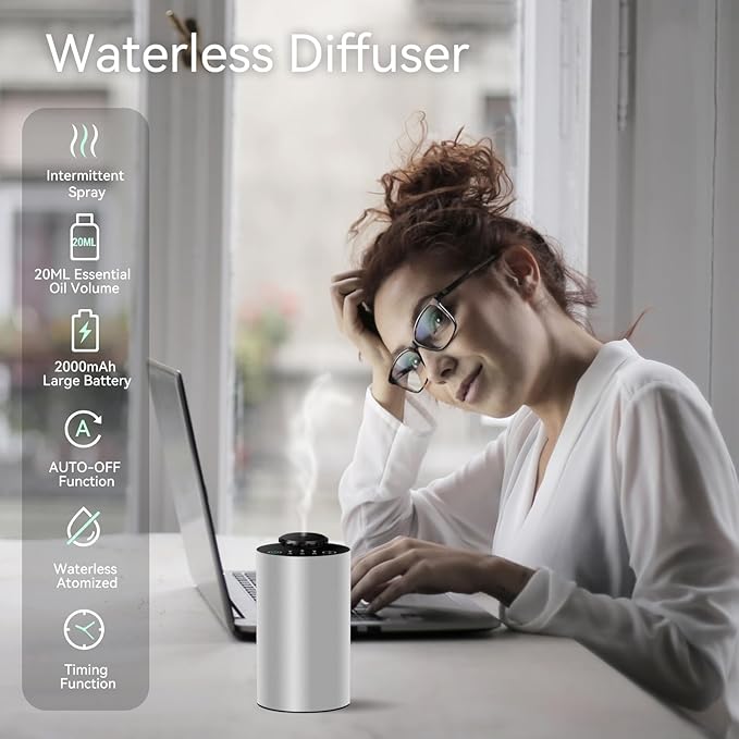Waterless Essential Oil Diffuser Battery Operated Cordless Aromatherapy Diffuser with Timing & 3 Mist Levels car Diffuser,Black Aluminum Alloy (Silver)