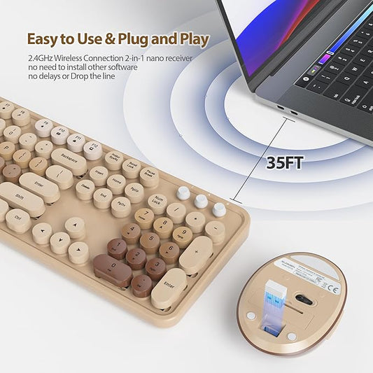 Fogruaden Wireless Keyboard and Mouse Combo, Retro Typewriter Full-Size Keyboard with Number Pad and Cute Mouse, Gradient Colorful Computer Keyboard for Windows PC Desktops Laptop