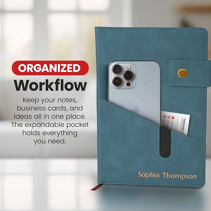 Promot Personalized Notebook - A5 Lined Leather Bound Journal for Writing Women Men - Hardcover Executive Notebook, Daily Journal, Travel Diary, Gift Idea, Custom Embossed Text with Gold Metallic Foil