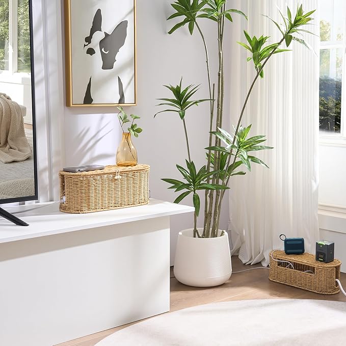 FairyHaus Cable Management Box 2Pack Caramel, Handwoven Large and Small Cable Organizer Box Cover to Hide Cords and Power Strip, Imitation Wicker Cord Organizer Box Hider for Office Desk and Floor