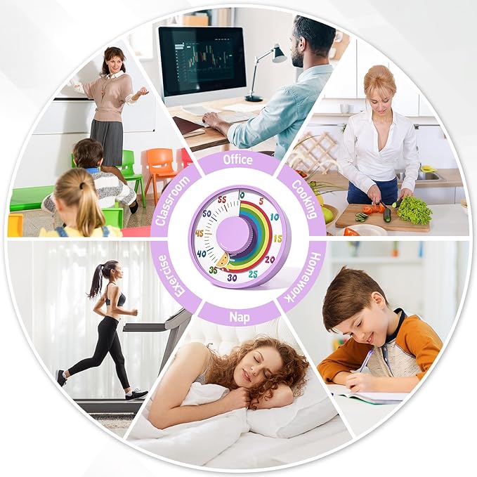 Secura 60-Minute Rainbow Visual Timer 6-Inch Mechanical Countdown Timers for Teaching, Meeting, Cooking, Working - Timer for Kids with Magnetic Backing (Purple)