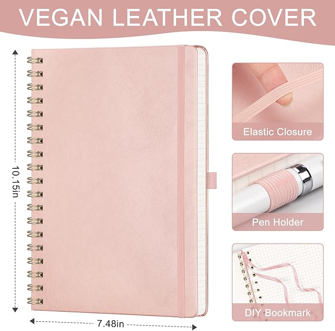 AHGXG Graph Paper Notebook - B5 Large Spiral Notebook Hardcover Leather Journal 140 Pages, Grid Notebook 7.6" x 10", 100 gsm Thick Paper, for School Writing Graphing Engineering Math, Rose Gold