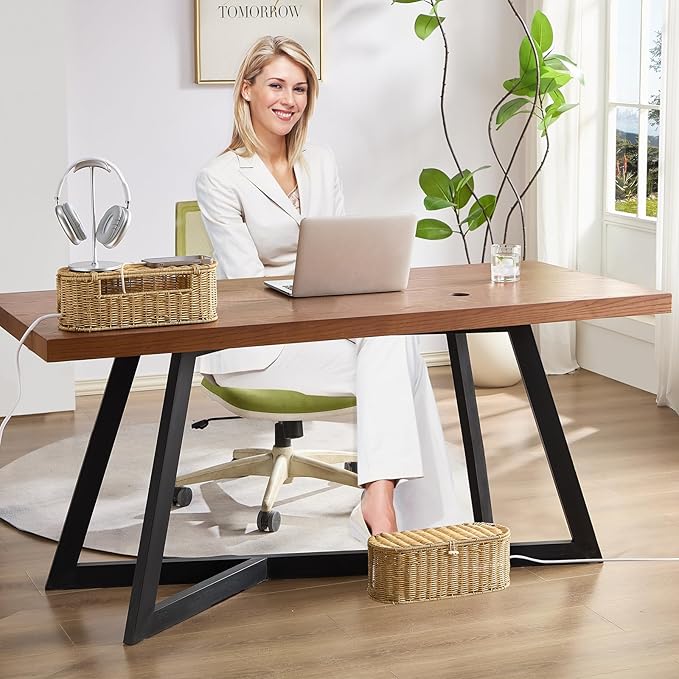 FairyHaus Cable Management Box 2Pack Caramel, Handwoven Large and Small Cable Organizer Box Cover to Hide Cords and Power Strip, Imitation Wicker Cord Organizer Box Hider for Office Desk and Floor