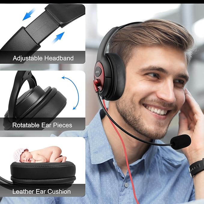 MAIRDI USB Headset with Microphone, Wired PC Headset, USB-A & USB-C Computer Headset with Mic Noise Canceling for Laptop Teams Office Work CallCenter Business Dragon Naturelly Speaking