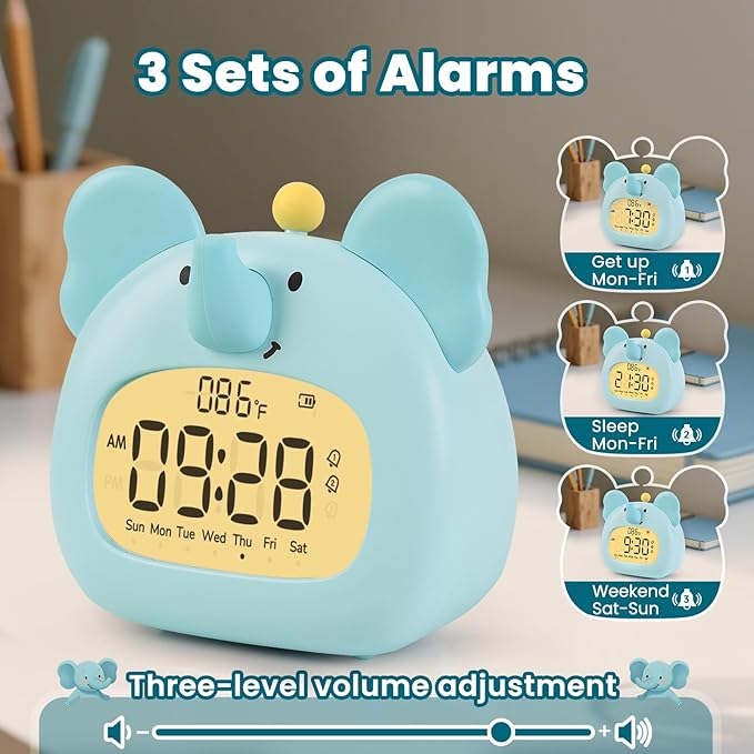 Elephant Alarm Clock with Night Light for Kids – Cute Digital Sleep Trainer with LED Display, 3 Alarms, Countdown Timer, Adjustable Brightness – Rechargeable Bedside Clock for Boys and Girls