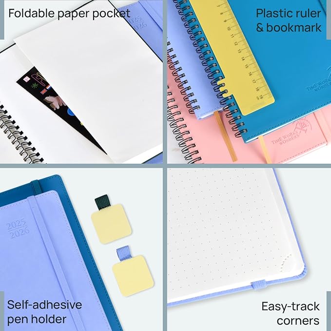 POPRUN 2025-2026 Weekly Planner 7.25'' x 8.25''Academic Spiral Appointment Book (July 2025-June 2026) with Quarter-Hourly Schedule, Monthly Tabs, Leather Softcover, Inner Pocket - Claret