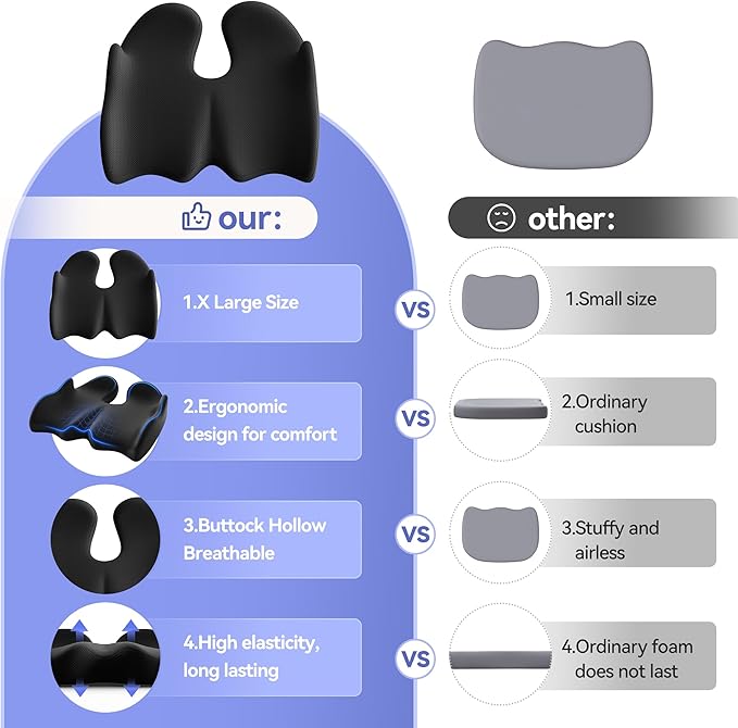 VOXON Seat Cushion, X Large Car Seat Cushion, Memory Foam Cushions for Office Chair, Chair Cushions for Tailbone Pain Relief & Pressure Relief Sciatica for Long Sitting