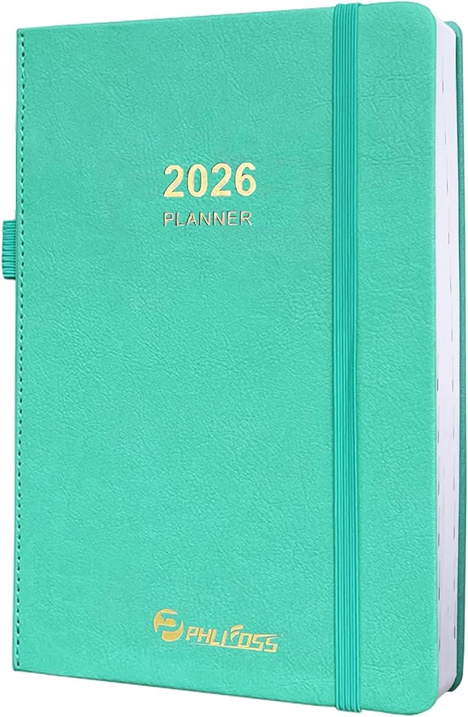 2026 Daily Planner/Calendar, One Page Per Day, Daily Monthly Agenda Planner with Time Slots and Monthly Tabs, Jan - Dec 2026, 5.7" x 8.25" Appointment Book, Pen Holder, Leather Cover (2026-Lake Green)