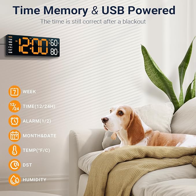 10" Digital Wall Clock: Dual Alarm Wall Mount Decor Clock for Living Room Classroom Office Desk, House Warming Gifts New Home Decor, Gift for Mom Dad Seniors Teen Orange