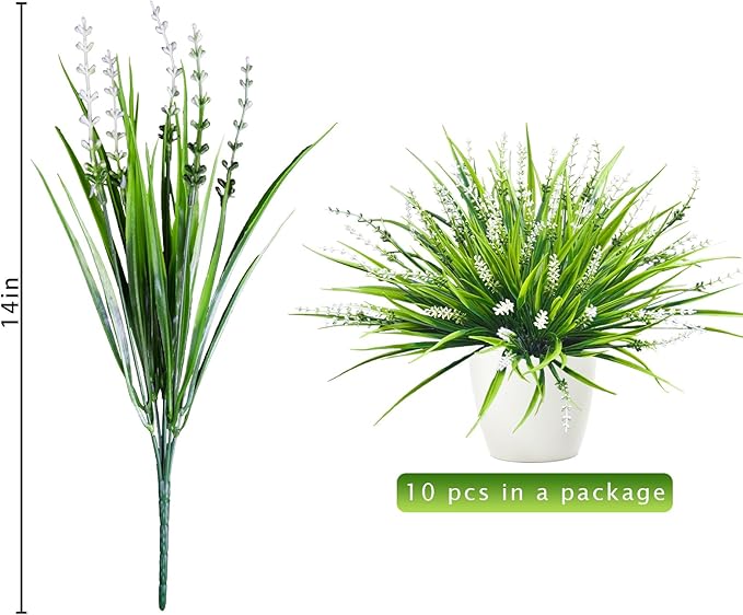 10 Pcs Artificial Plants Outdoor, UV Resistant Fake Outdoor Flowers Plants Faux Plastic Monkey Grass for Outside Front Porch Garden Window Box Home Office Planters Desk Decor (White)