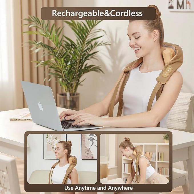 Neck Massager for Pain Relief Deep Tissue with Heat -Cordless Shiatsu 6D Kneading Massage for Neck,Shoulder,Gifts for Mom/Dad(PU-Yellow Brown)