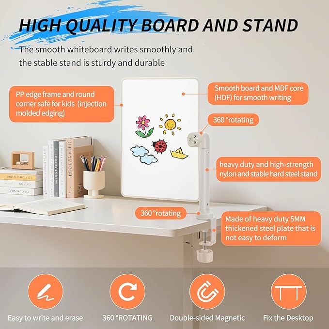 360° Rotating Desktop Dry Erase Whiteboard with Stand, 16" x 12" Double-Sided Magnetic Board with Clamp Holder Mount for Desk Up to 2.17" for Drawing, Office, Home, School (White)