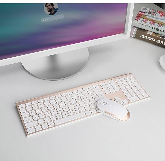 Wireless Keyboard and Mouse, Vssoplor Rechargeable Quiet Full-Size Keyboard and Mouse Combo Set Ultra Slim Design for Laptop, PC, Notebook, Desktop-White and Gold