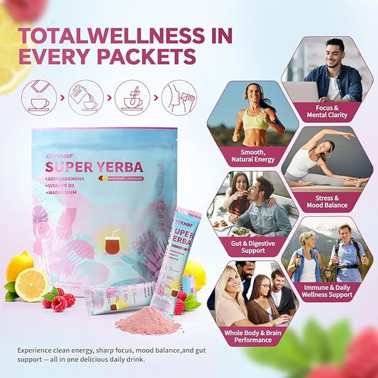 OTYKMBF Super Yerba Instant Powder Packets, Mate Tea with Raspberry Lemonade Flavor, 30 Servings Yerba Mate for Calm Energy, Focus Boost and Gut Health