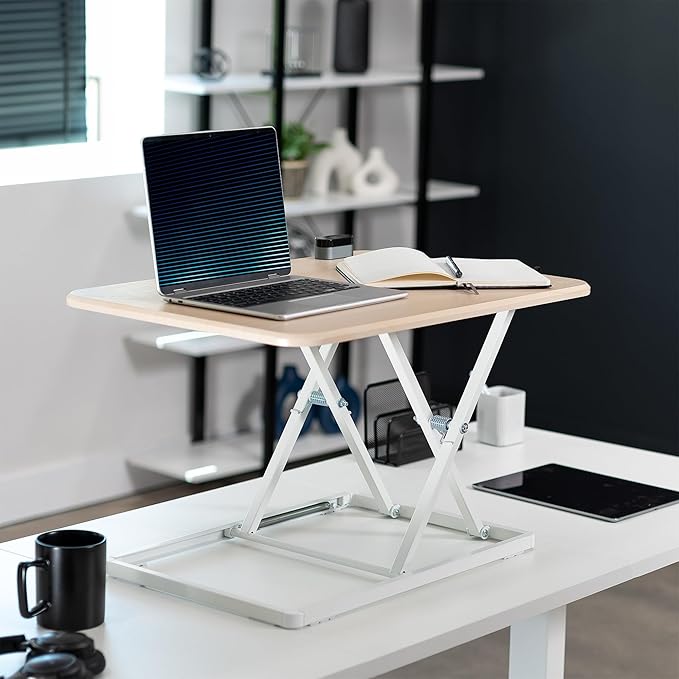 VIVO Ultra-Slim Single Top Height Adjustable Standing Desk Riser, Compact Sit Stand Desktop Converter for Monitor or Laptop, Light Wood, DESK-V001JF