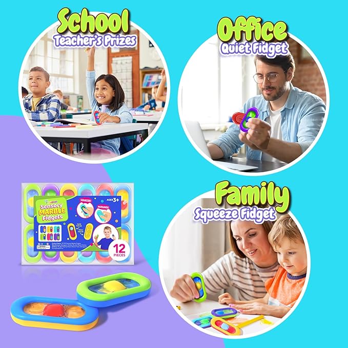 Sensory Marble Fidget for Kids Adults- 12 Pcs Gel Filled Autism Sensory Toys, Texture Quiet Fidget for Student Classroom Prize, Silent Stress Squishy Worry Stones, Travel Road Trip Activities