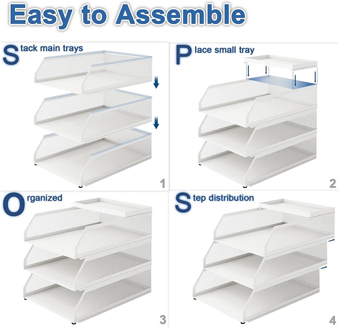 Natwind 3-Tier Stackable Paper Tray, Metal Mesh Desktop Organizer, Paper Sorter, Letter Trays,File Document Storage Rack for for Home, Office, School (White)