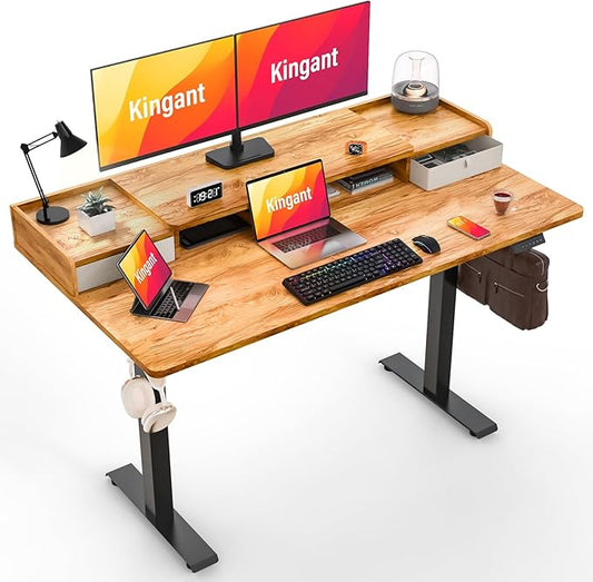 Kingant 63" x 30" Standing Desk with Drawers, Large Desktop, Ergonomic Sit Stand Desk for Home Office Work, Cable Management, 3 Preset Heights & 2 Hooks, Light Rustic