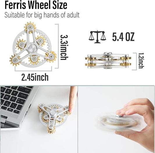 FREELOVE Gear Metal Fidget Spinner Toys for Adults, Small Mini Tiny Pockget Figette, Bike Chain, Copper Brass Hands Gyro, Quiet Silent Cool Cube for Anxiety Men (Wheel 10 Gears Linkage, Silver-Brass)