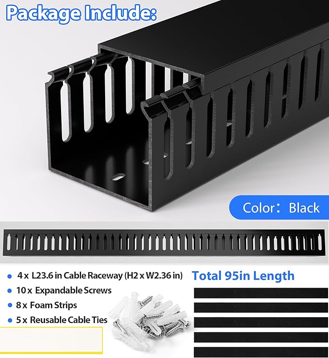 ZhiYo H2in x W2.4in Professional Server Rack Cable Management Raceway, 95in (4X L23.6in) Cable Raceway Kit, Electrically Safe PVC, Open Slot Wire Hider for Under Desk/Computer/Network Cords