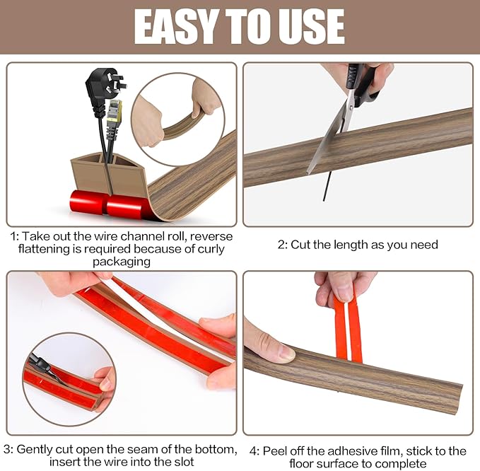 Floor Cord Cover Self Adhesive Cord Hider,10FT Cable Management, Extension Strip Protector for Wires, Prevent Cable Trips for Offices, Gyms, Exhibitions Cavity:0.3"(W) x0.28(H) Woodsmokedbrown